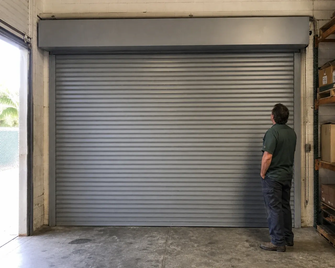 A person examines a closed metal rolling door with narrow horizontal slats, side guides and an overhead hood in a warehouse. — Commercial Rolling Door Repair, Strathroy-Caradoc