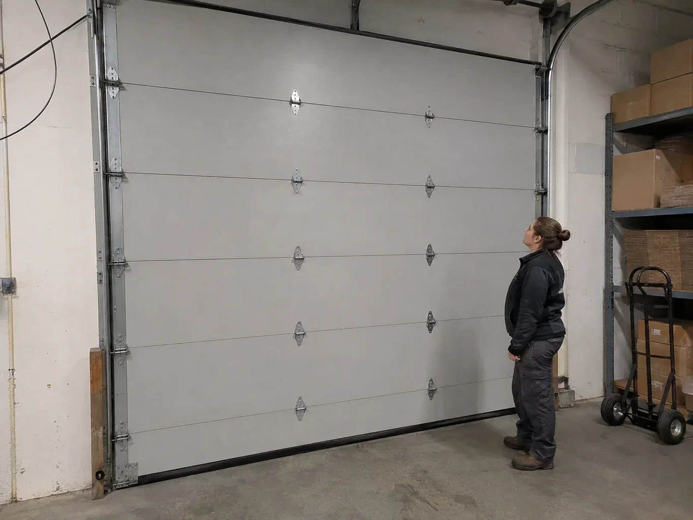 A person looks at a tall closed sectional door with broad panels, hinges and side tracks in a warehouse. — Commercial Sectional Door Repair, Strathroy-Caradoc