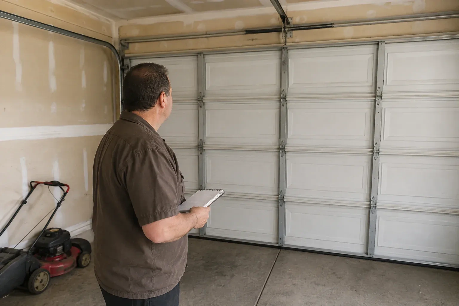 Technician holding a notebook while looking at a closed sectional door. — Garage Door Balance Adjustment, Strathroy-Caradoc