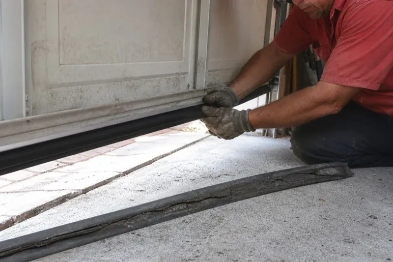Person fitting a black strip along the bottom edge of a partly raised garage door, with a cracked strip lying on the floor. — Garage Door Bottom Seal Replacement, Strathroy-Caradoc