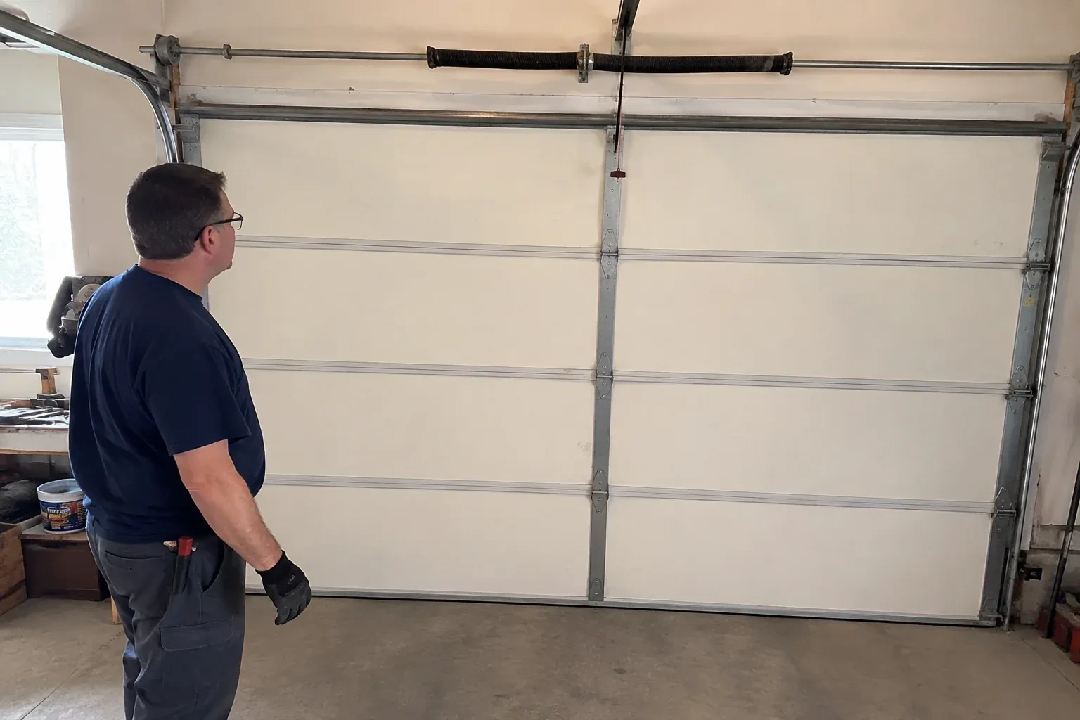 Illustrative garage doors scene; not an actual job — Off-Track Garage Door Reset, Strathroy-Caradoc