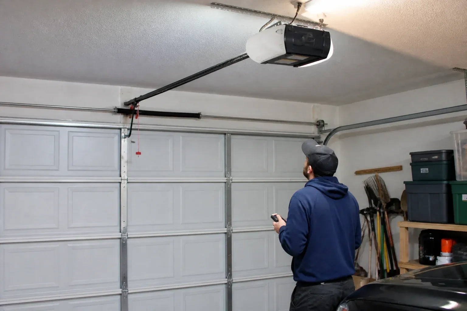 A person holding a remote looks toward an overhead garage-door opener and rail. — Garage Door Opener Diagnosis and Repair, Strathroy-Caradoc