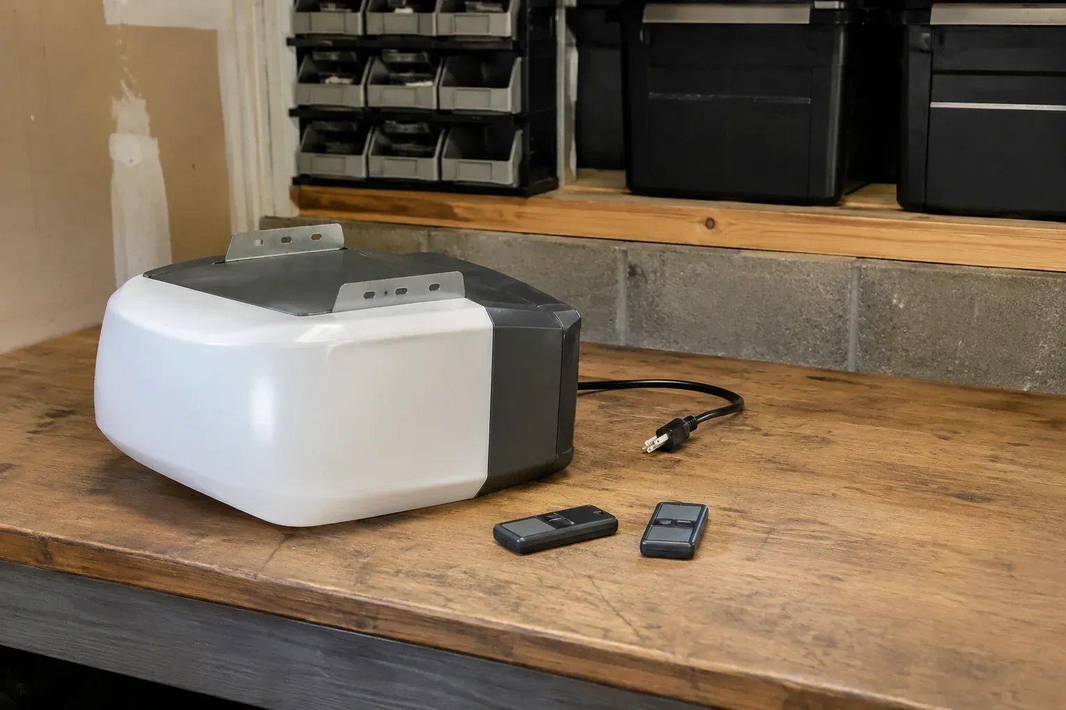 Detached opener housing and two remotes on a garage bench. — Garage Door Opener Replacement, Strathroy-Caradoc