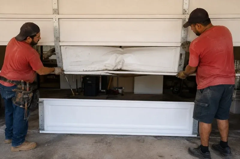 Two people holding a dented lower garage-door section above a separate white panel resting on the ground. — Garage Door Panel Replacement, Strathroy-Caradoc