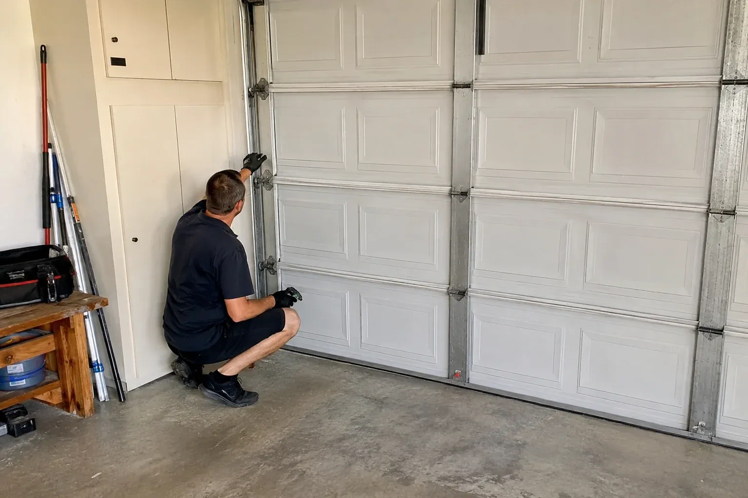 A person kneels beside the side track and hinges of a closed sectional garage door. — Garage Door Safety Inspection, Strathroy-Caradoc
