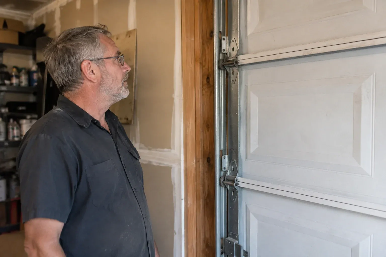 Technician looking at vertical garage door track and edge hinges. — Garage Door Track Repair or Replacement, Strathroy-Caradoc