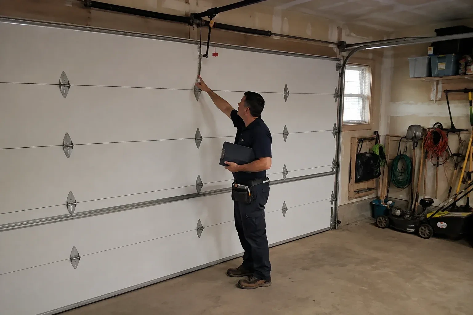 A person holding a clipboard examines the interior hardware of a closed garage door. — Garage Door Tune-Up, Strathroy-Caradoc
