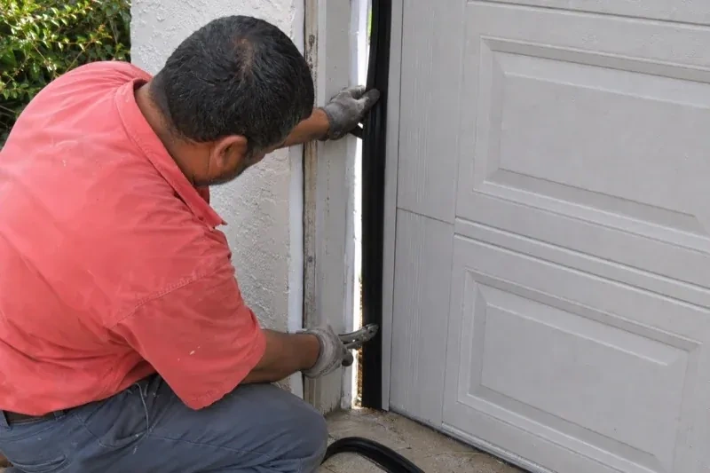 Gloved person holding a black strip along the side of a sectional garage-door opening — Garage Door Perimeter Weatherstrip, Strathroy-Caradoc