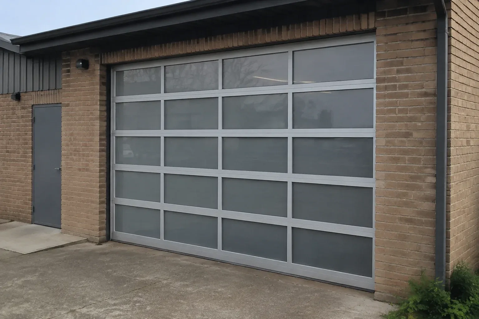 Closed glazed sectional door in a grey metal frame at a brick workshop. — Full-View Glass Garage Door Installation, Strathroy-Caradoc