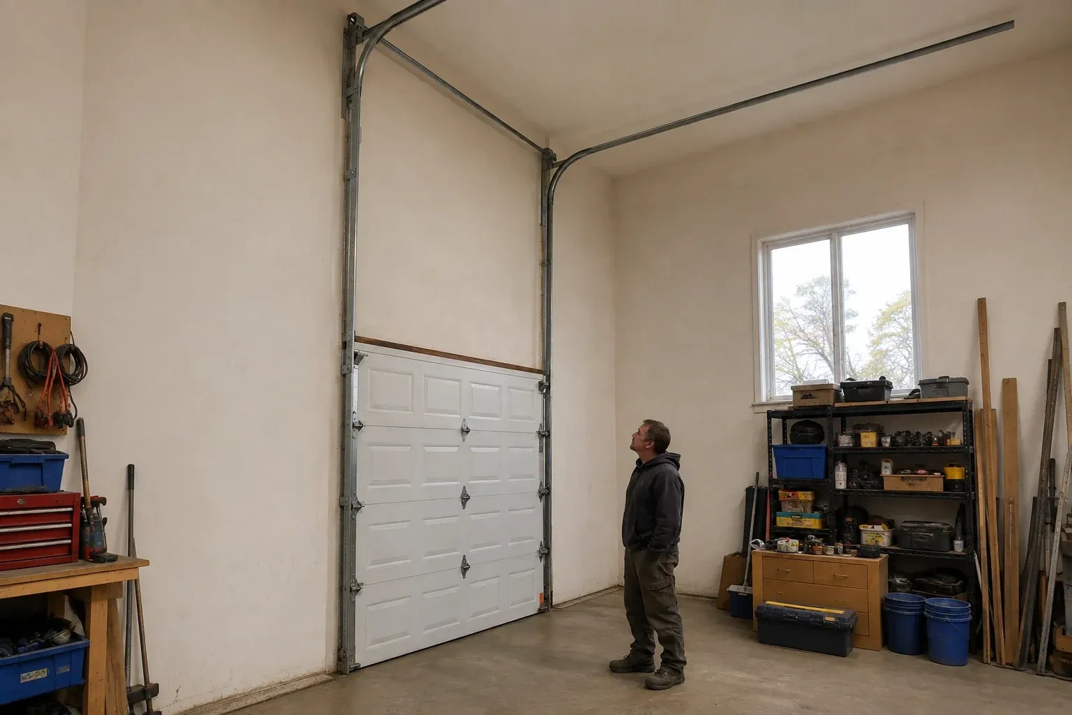 Vertical tracks extend above a closed garage door before curving near a high ceiling, while a person looks upward. — High-Lift Garage Door Conversion, Strathroy-Caradoc
