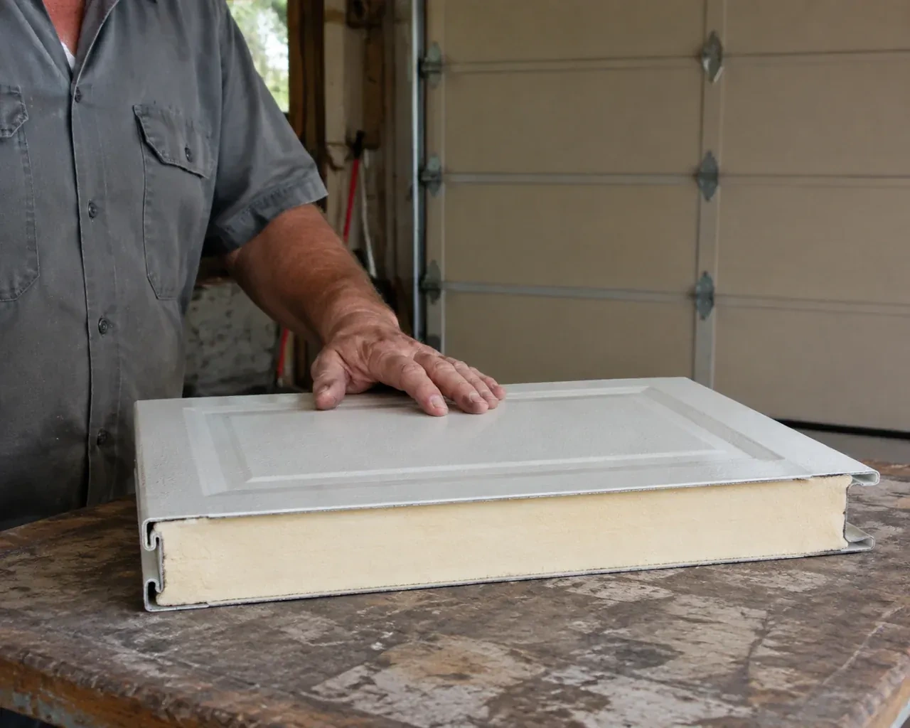 A panel sample exposes a cream foam core between thin metal faces on a garage workbench. — Insulated Steel Garage Door Installation, Strathroy-Caradoc
