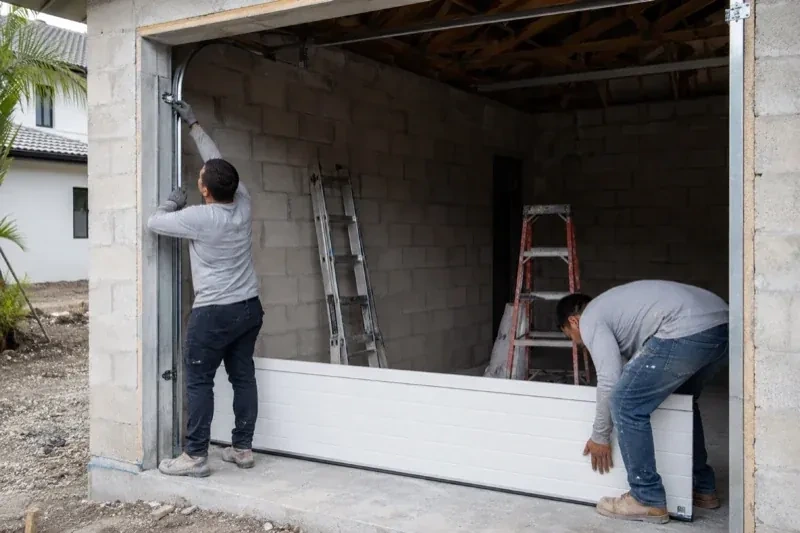 Two people positioning a white garage-door panel and side track in an unfinished masonry garage. — New-Construction Garage Door Installation, Strathroy-Caradoc