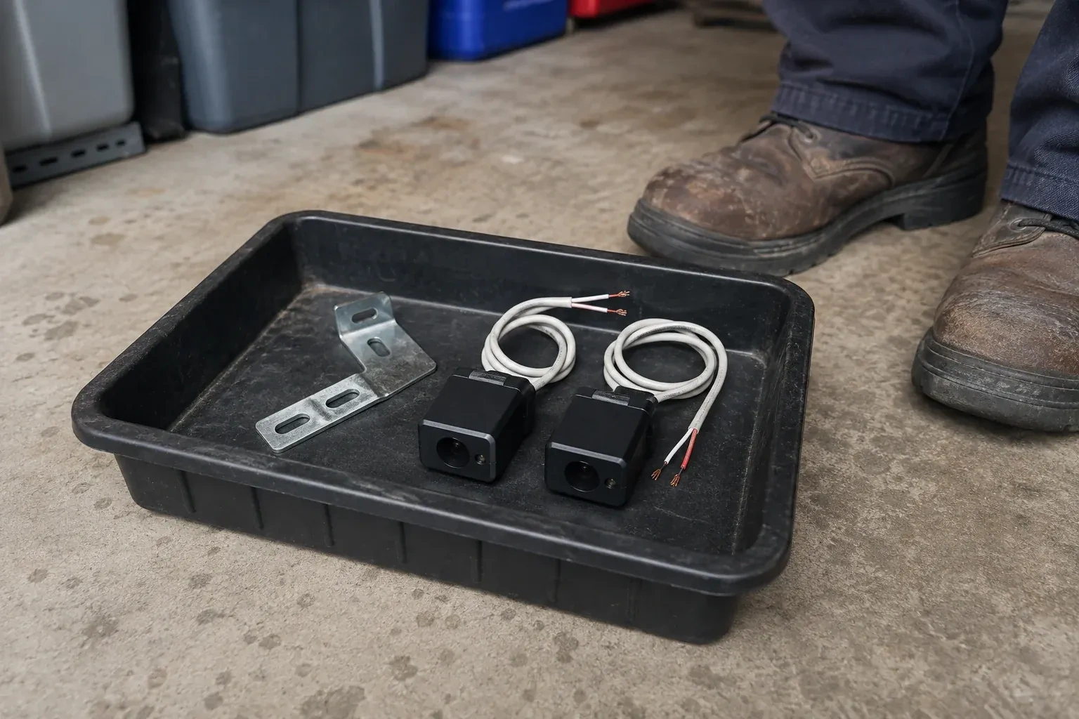 Two detached black sensors with recessed lenses and coiled wires lie in a tray beside a mounting bracket. — Photo-Eye Sensor Alignment or Replacement, Strathroy-Caradoc