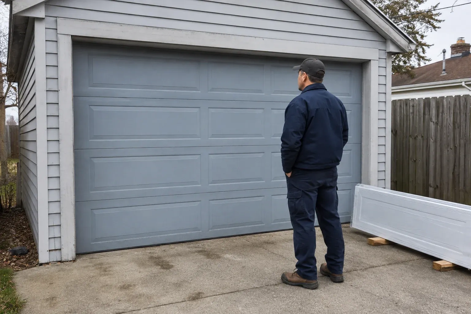 A person examines a blue-grey sectional garage door with a packaged door panel resting beside the driveway. — Sectional Garage Door Replacement, Strathroy-Caradoc